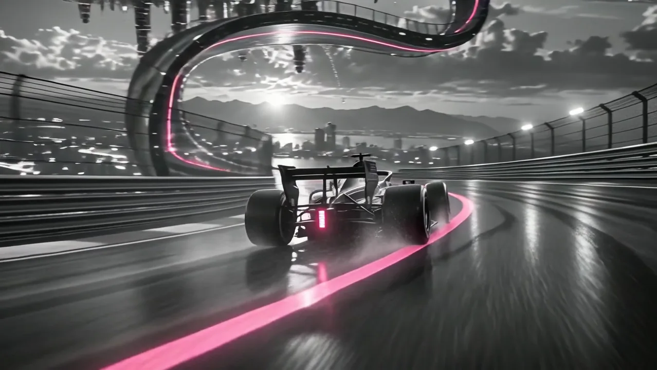 The raceway bends upward around the car and pink racing line.