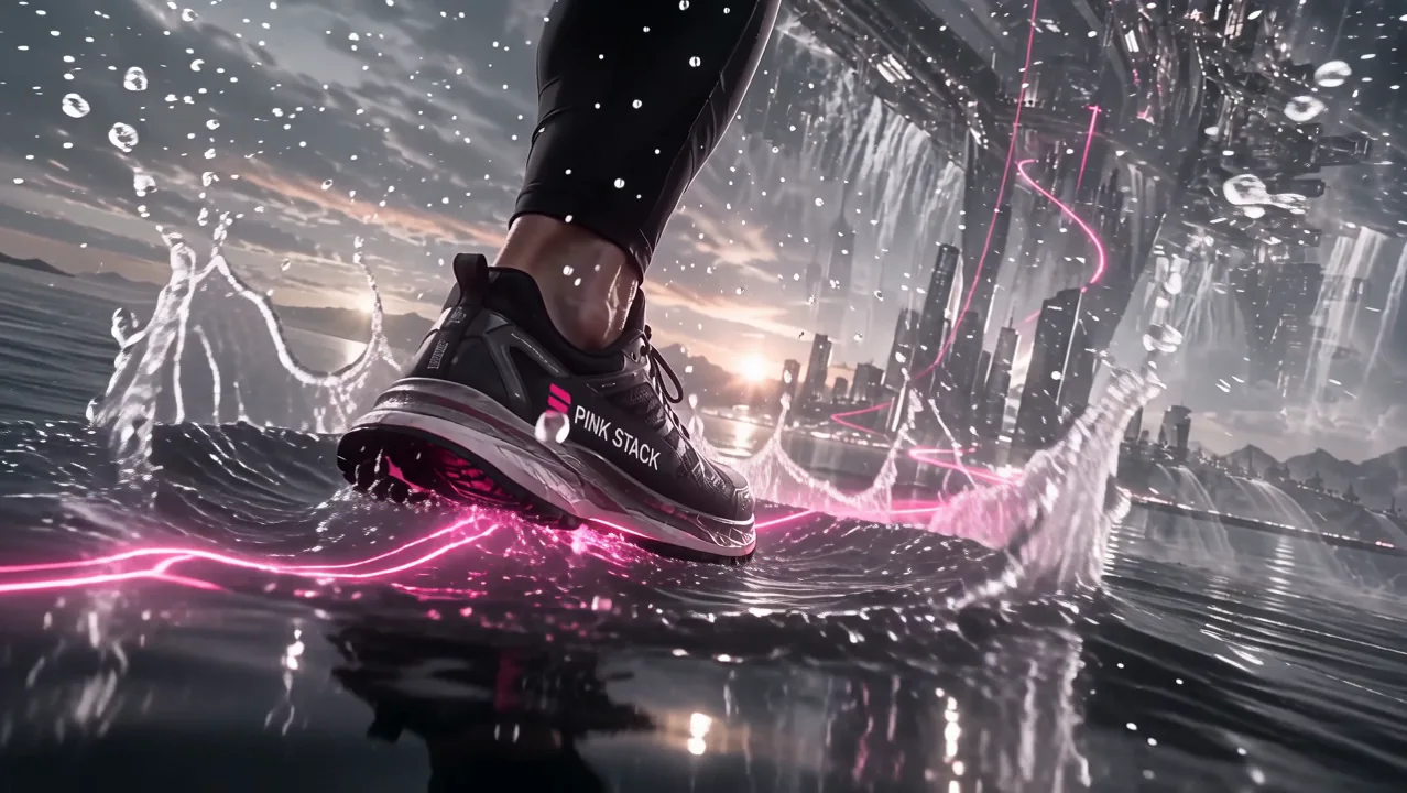 A shoe lands on the water, trailing pink light.